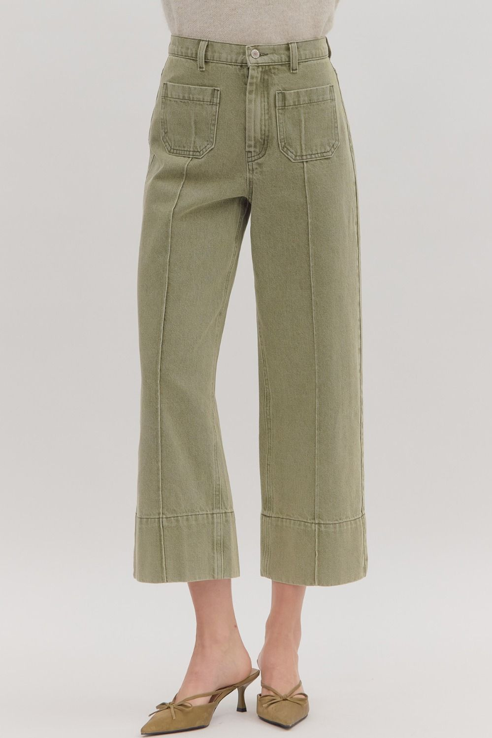 Olive Snow Wash Wide Leg Front Seam Pant