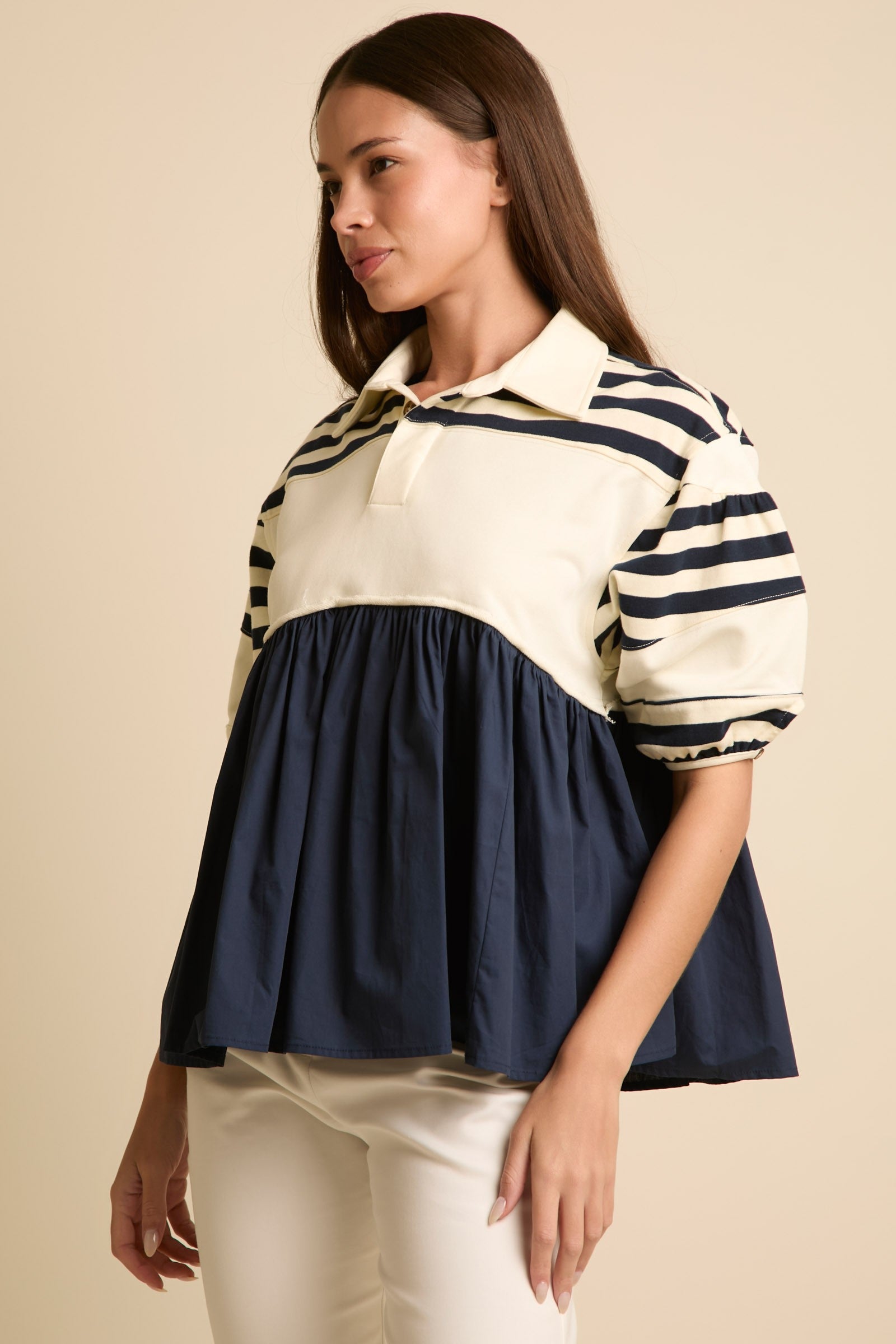 Navy Short Puff Sleeve Top