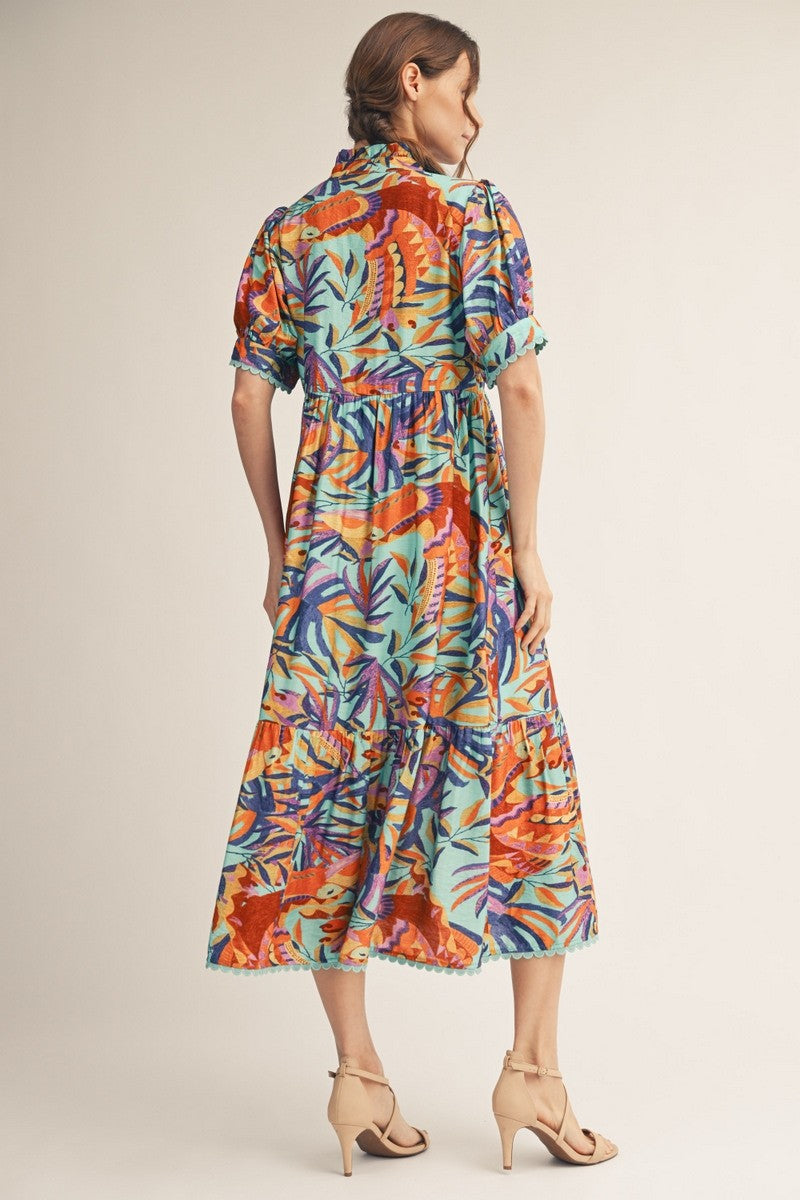 Aqua Short Sleeve Tropical Print Midi Dress