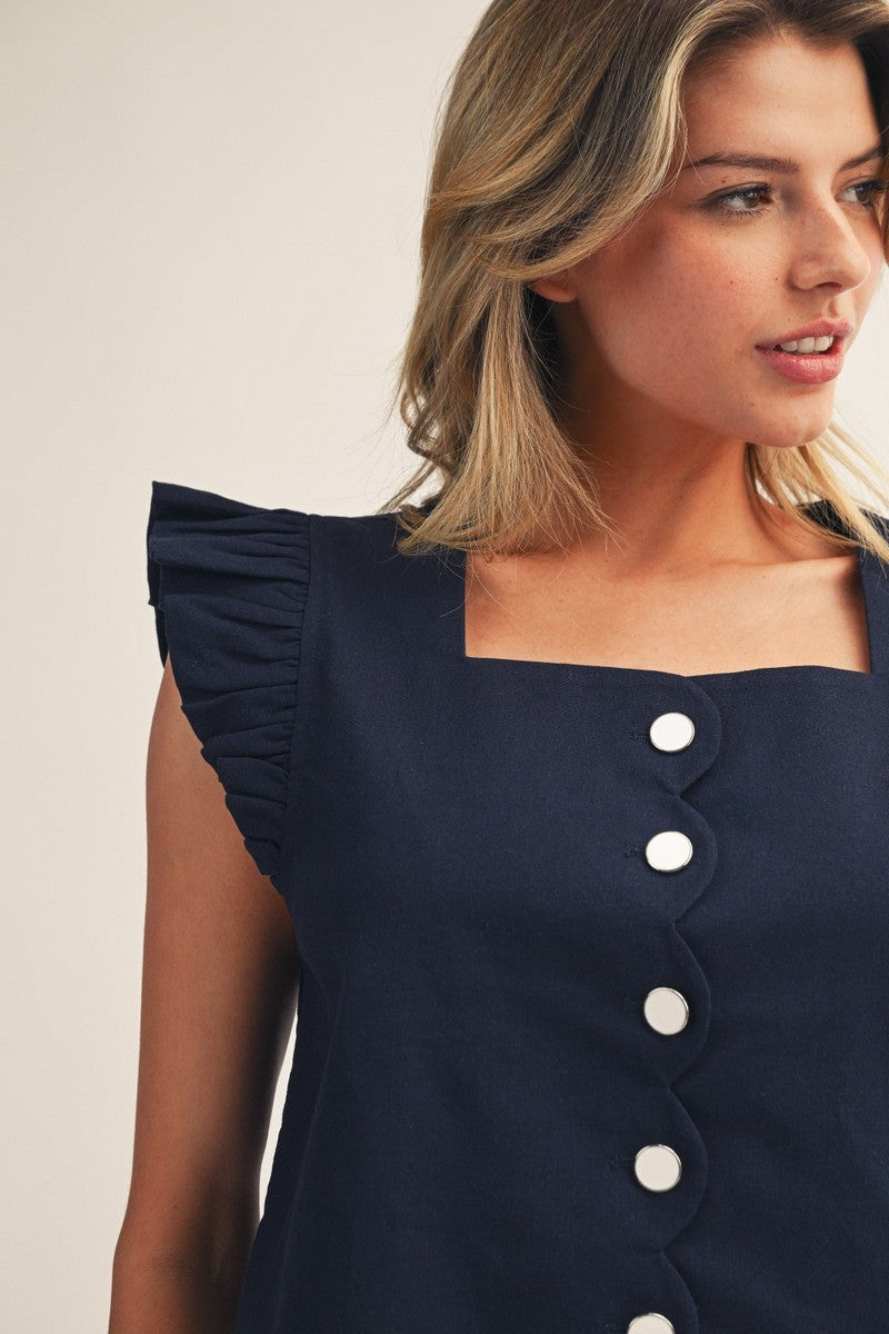 Navy Button Front Ruffle Sleeve Top
