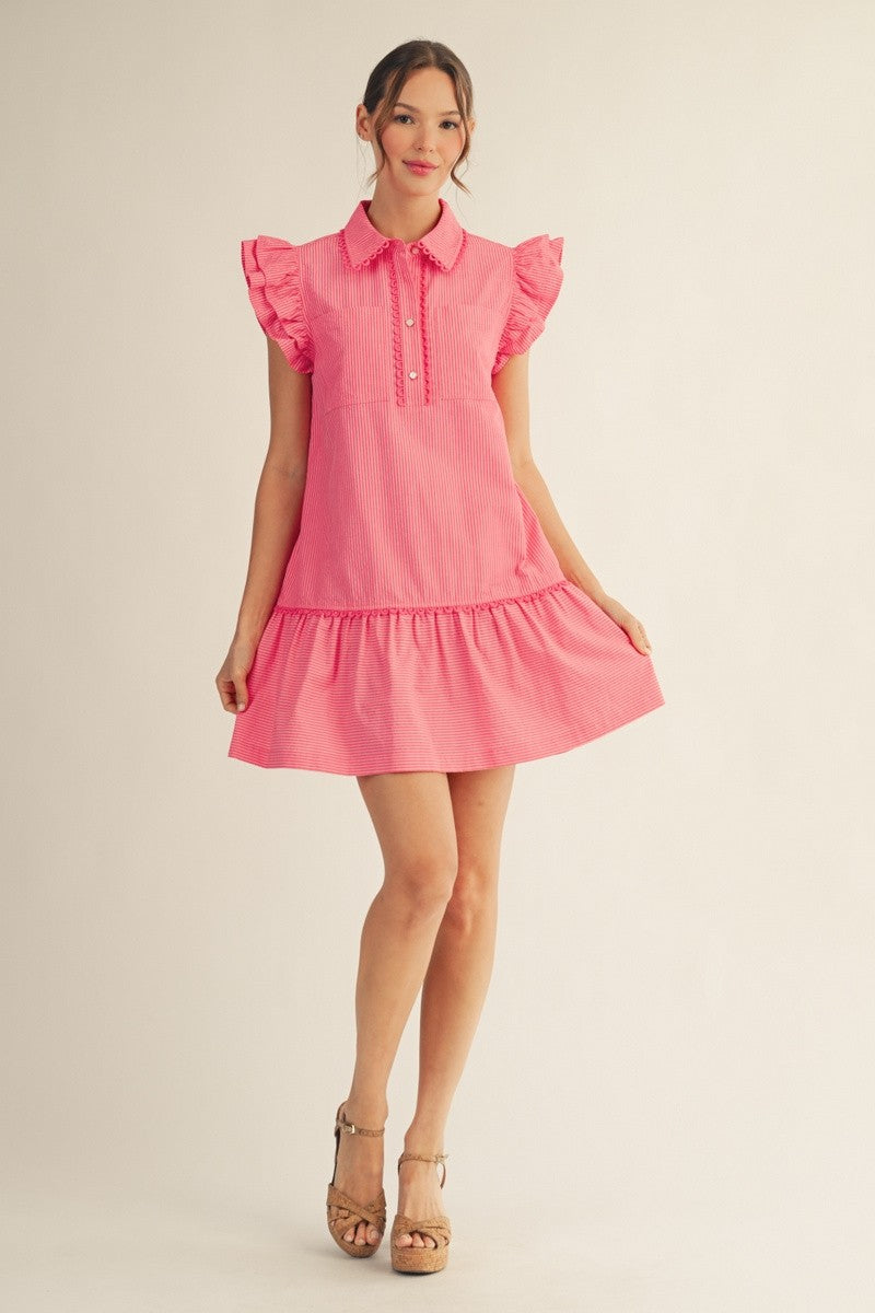 Pink Layered Ruffle Cap Sleeve Pinstripe Dress