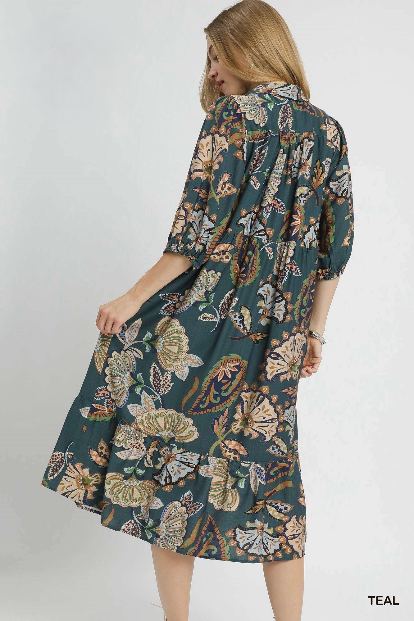 Paisley Puff Sleeve Tiered Midi Dress