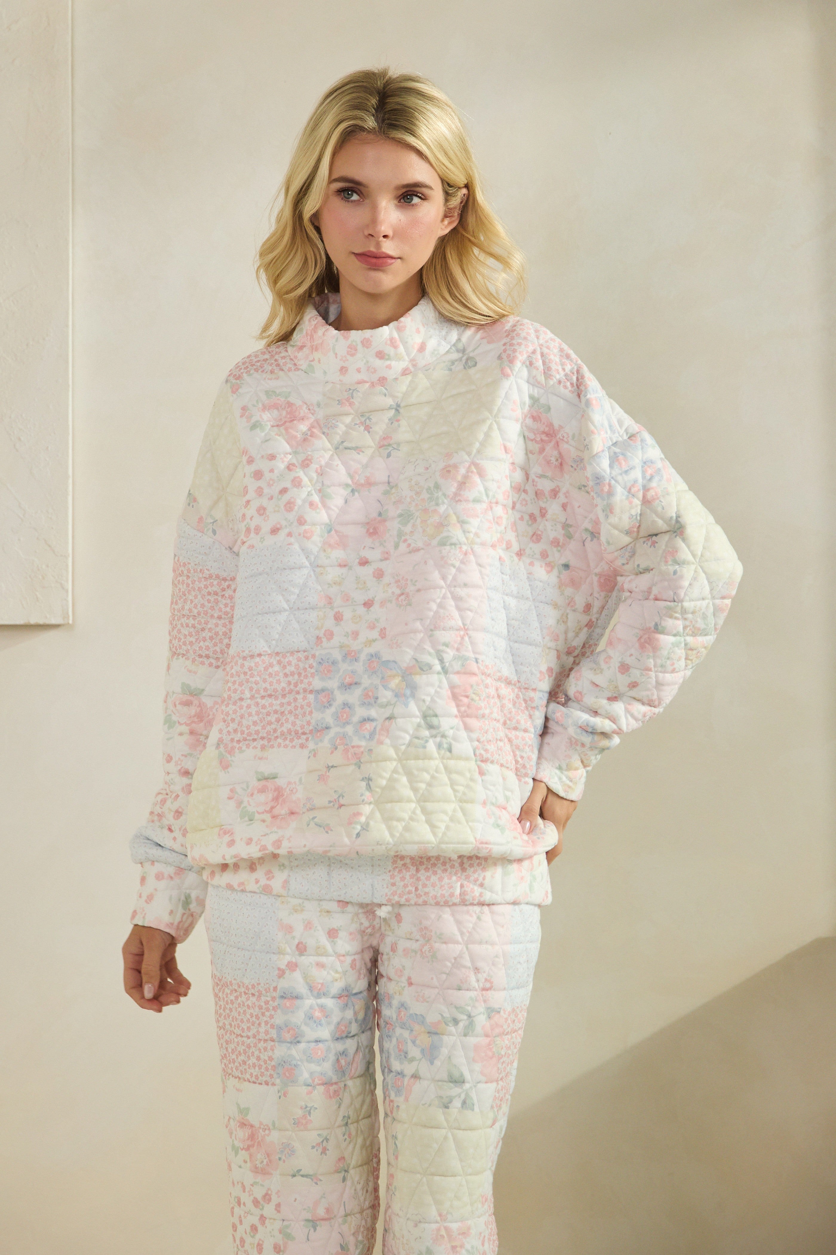 Pastel Quilted Floral Mock Neck Sweatshirt