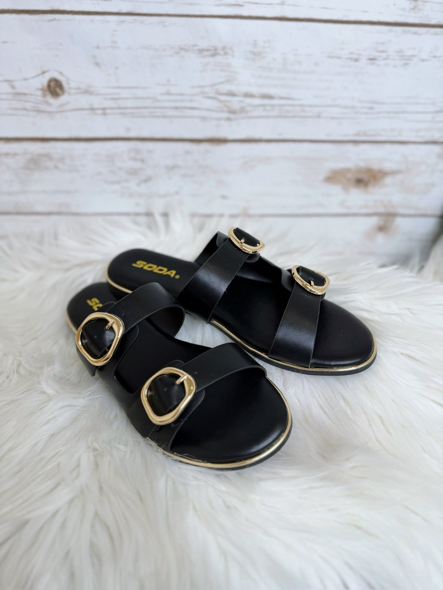 Jetson's Black Gold Buckle Flat Sandal