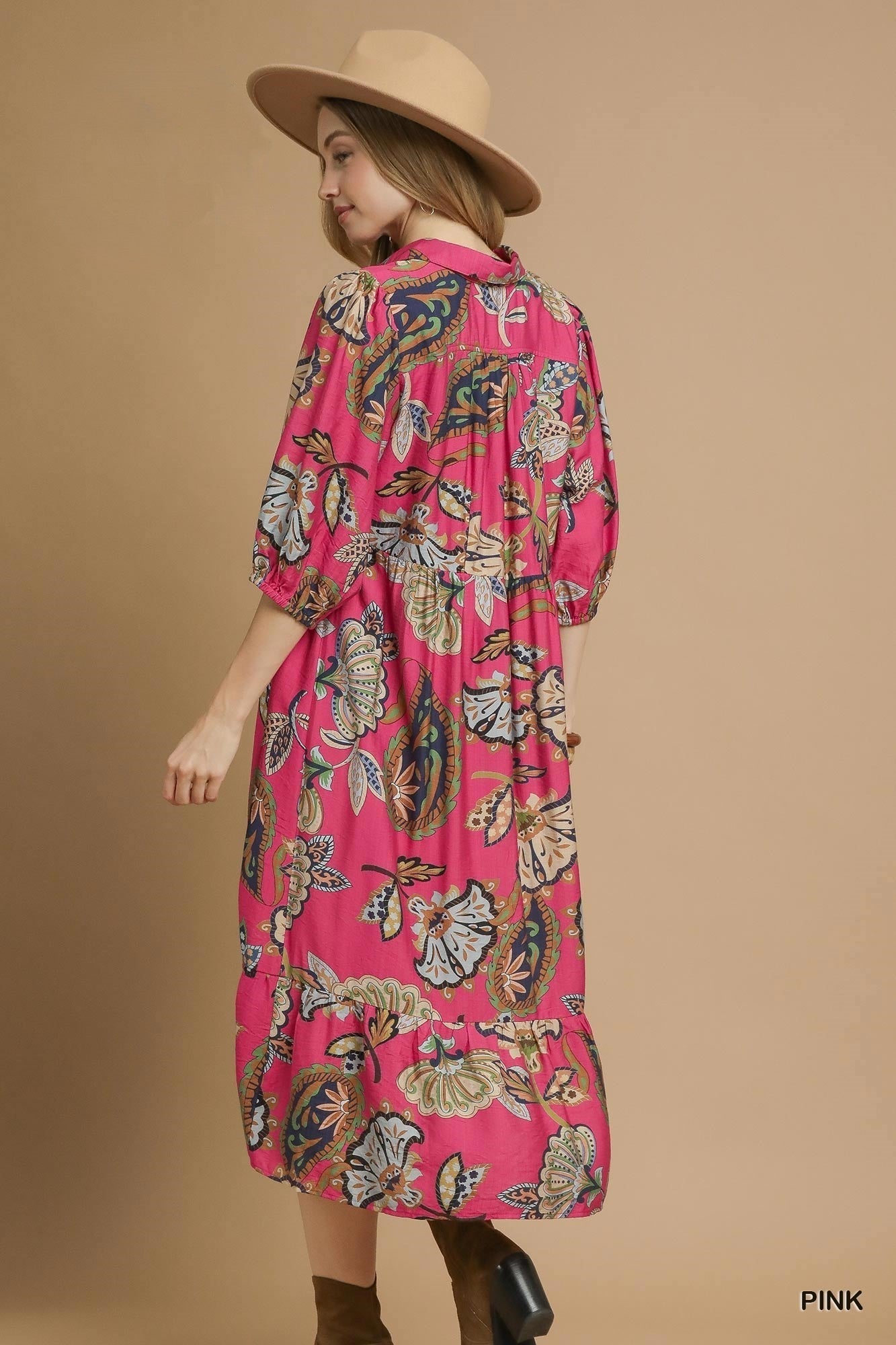 Paisley Puff Sleeve Tiered Midi Dress