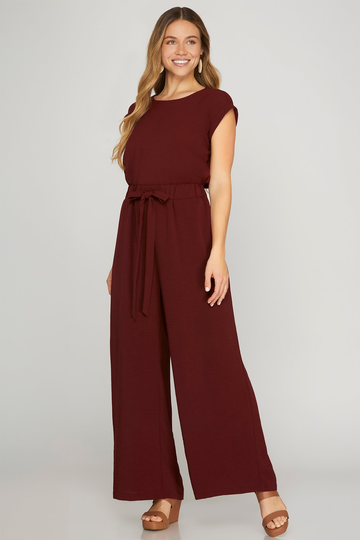 Cap Sleeve Elastic Waist Front Tie Jumpsuit