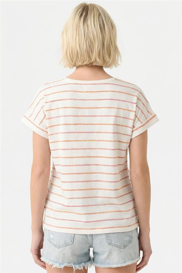 V Neck Short Sleeve Textured Stripe Top