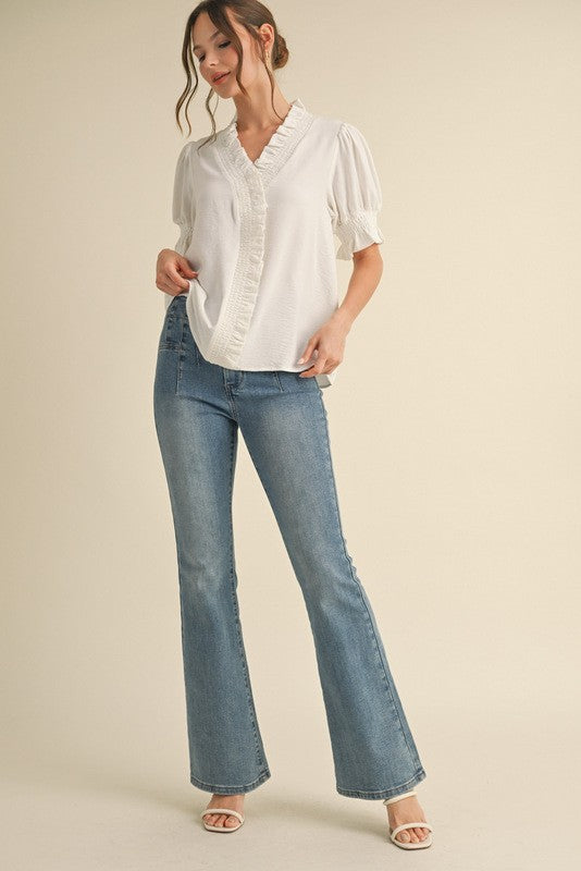 Solid Smocked Frilled V-Neck