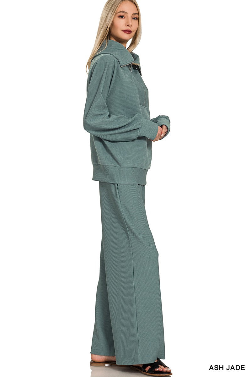 Ribbed Half Zip Pullover and Pant Set