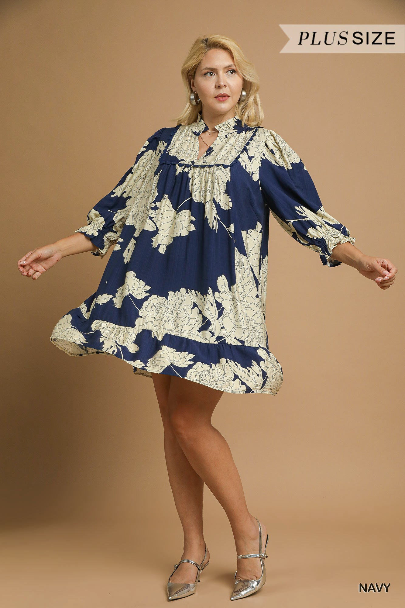 Curvy Navy Floral Tiered Babydoll Dress