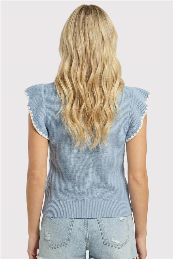 Blanket Stitched Edges Crew Neck Ruffle Sleeve Sweater