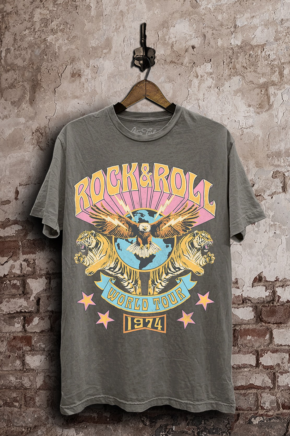 Curvy Gray Mineral Wash Rock and Roll World Tour Graphic Tee