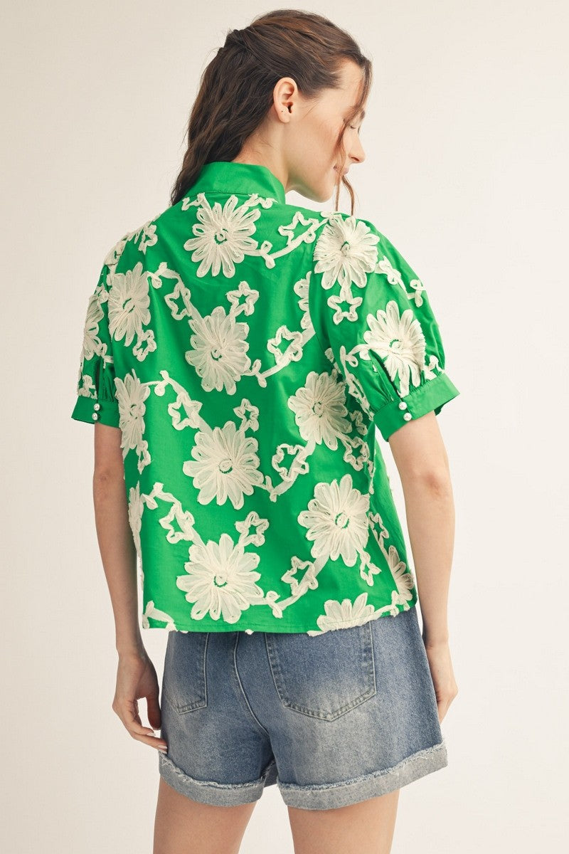 Short Puff Sleeves 3D Floral Top