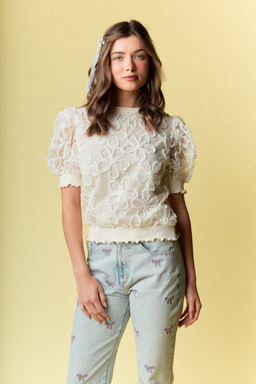 Cream Floral Overlay Sheer Sleeve Top