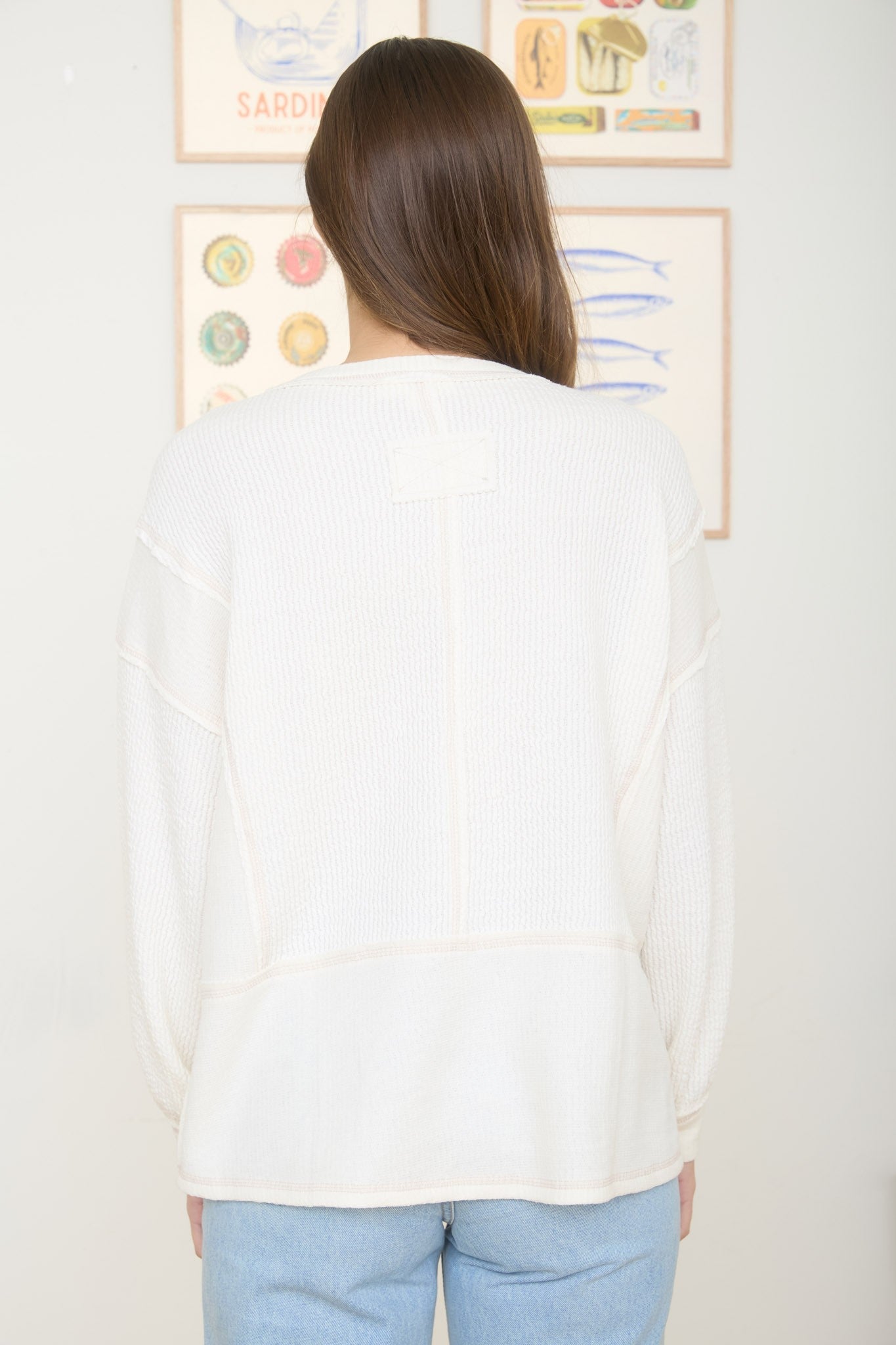 Split Neck Raw Edge Long Sleeve Ribbed Top