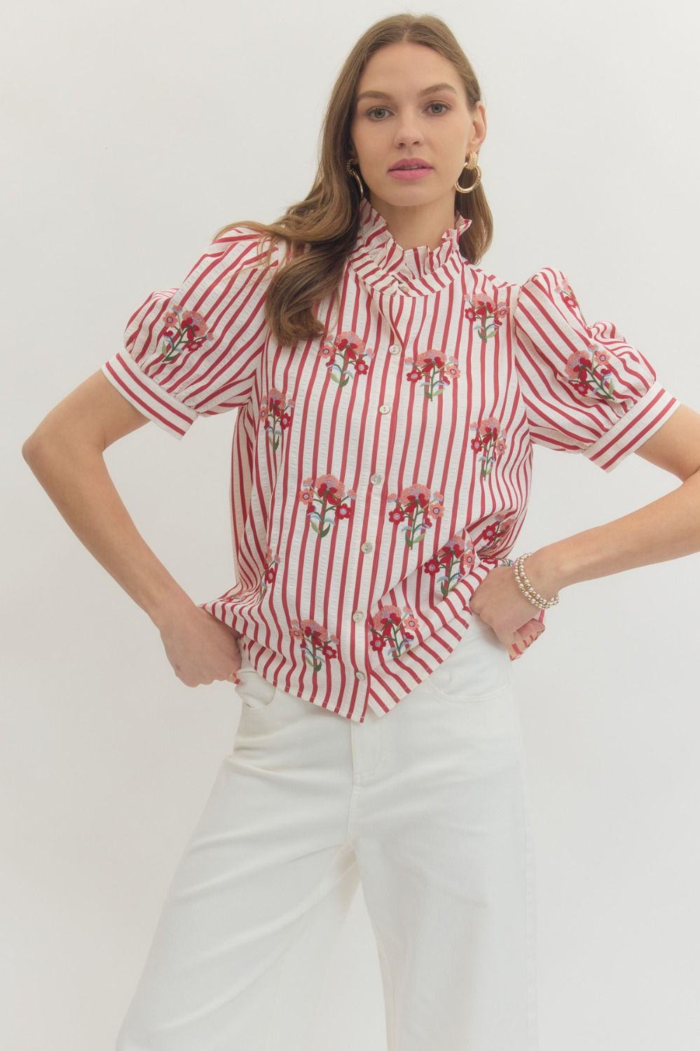 Red Striped Button Down Embroidered Top