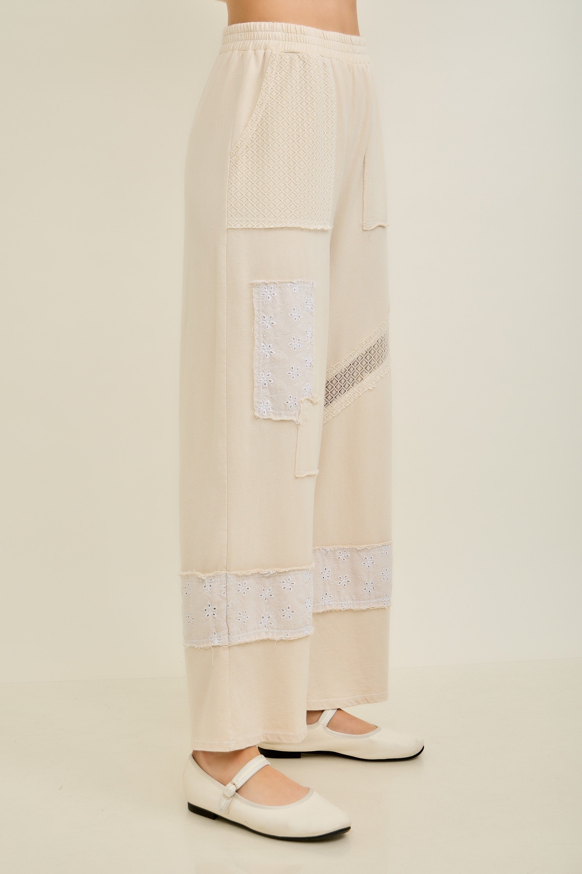 Beige Patchwork and Floral Applique Pants