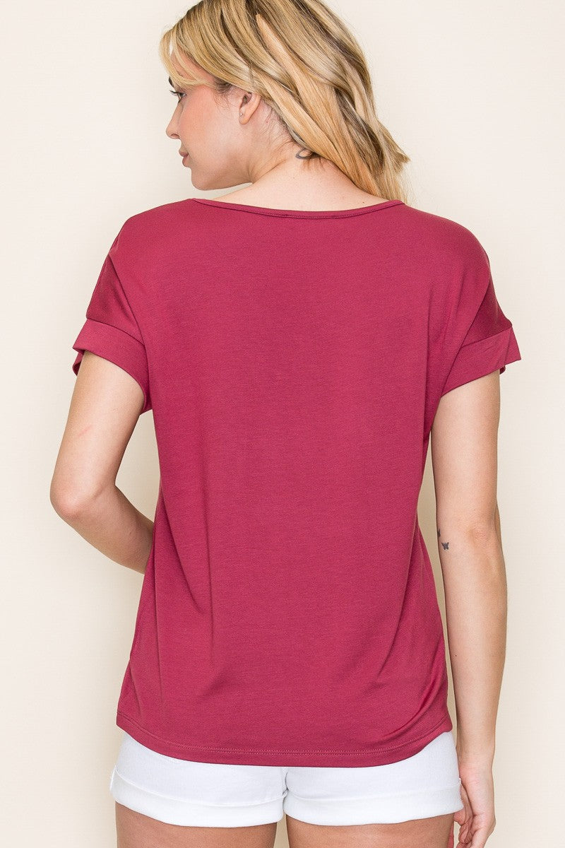 Marsala V-Neck Top with Chest Pocket