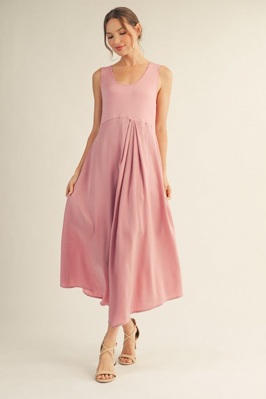 Front Pleat Solid Hi-Low Dress