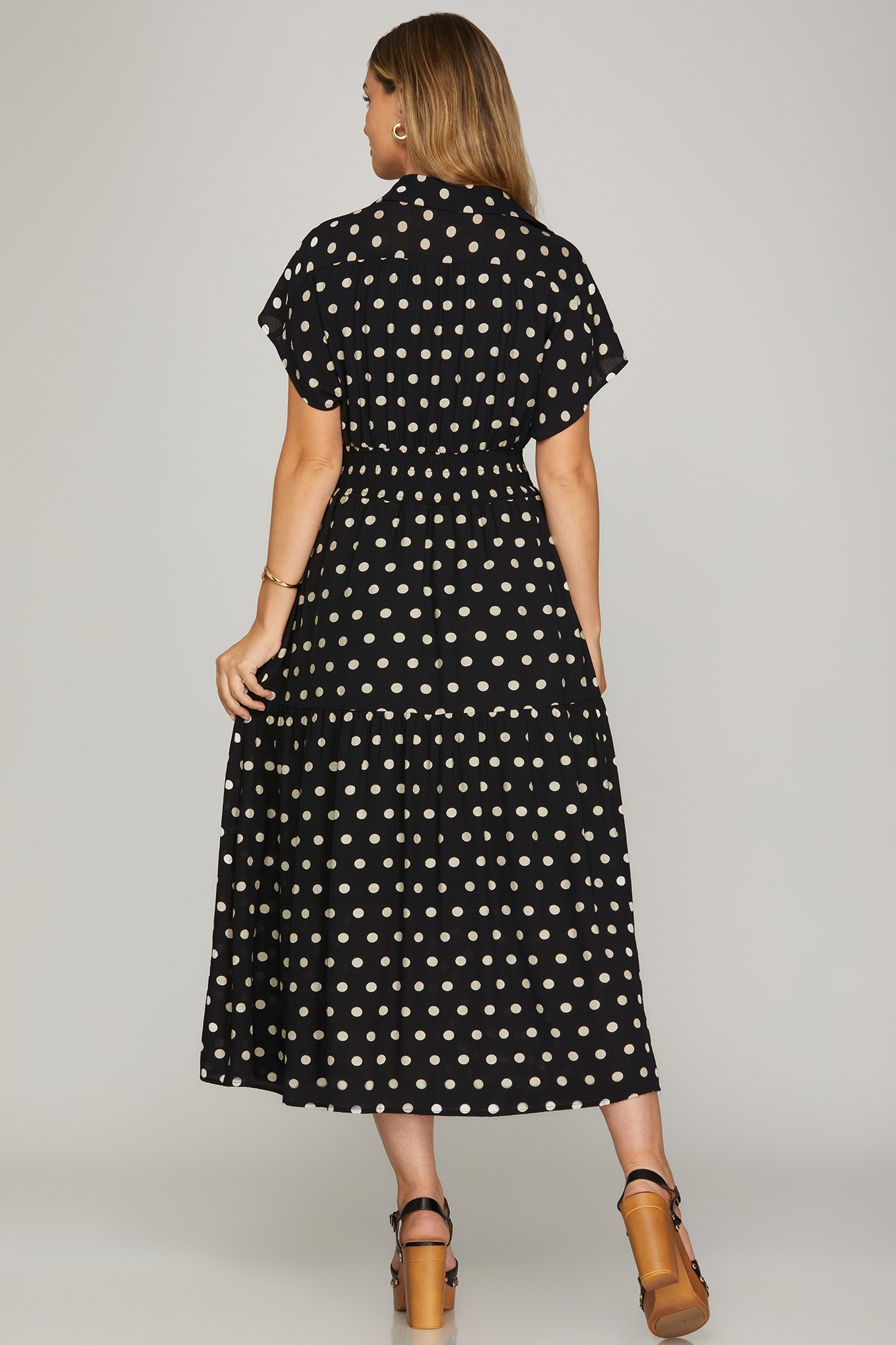 Black Polka Dot Drop Shoulder Collared Midi Dress