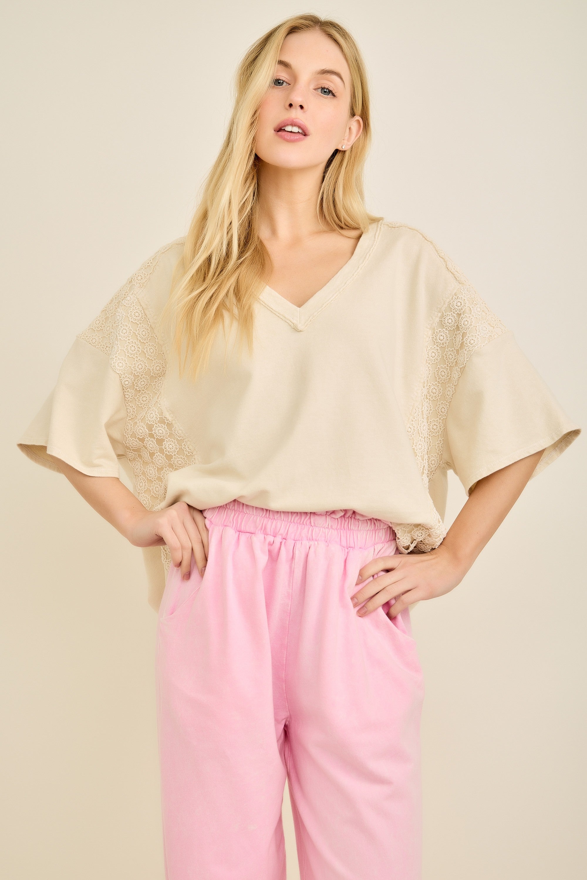 Cream Exposed Seam Textured V Neck Top