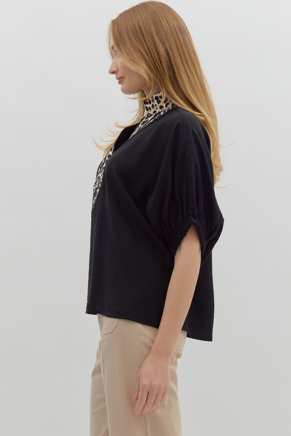 Black Puff Sleeve Shirt With Leopard Collar