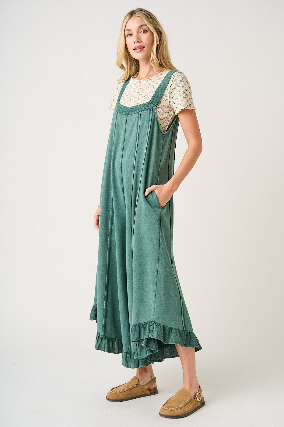 Mineral Wash Ruffle Wide Leg Jumpsuit