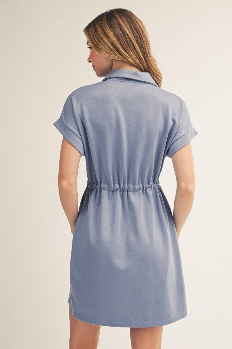 Blue Front Zip Drawstring Waist Dress