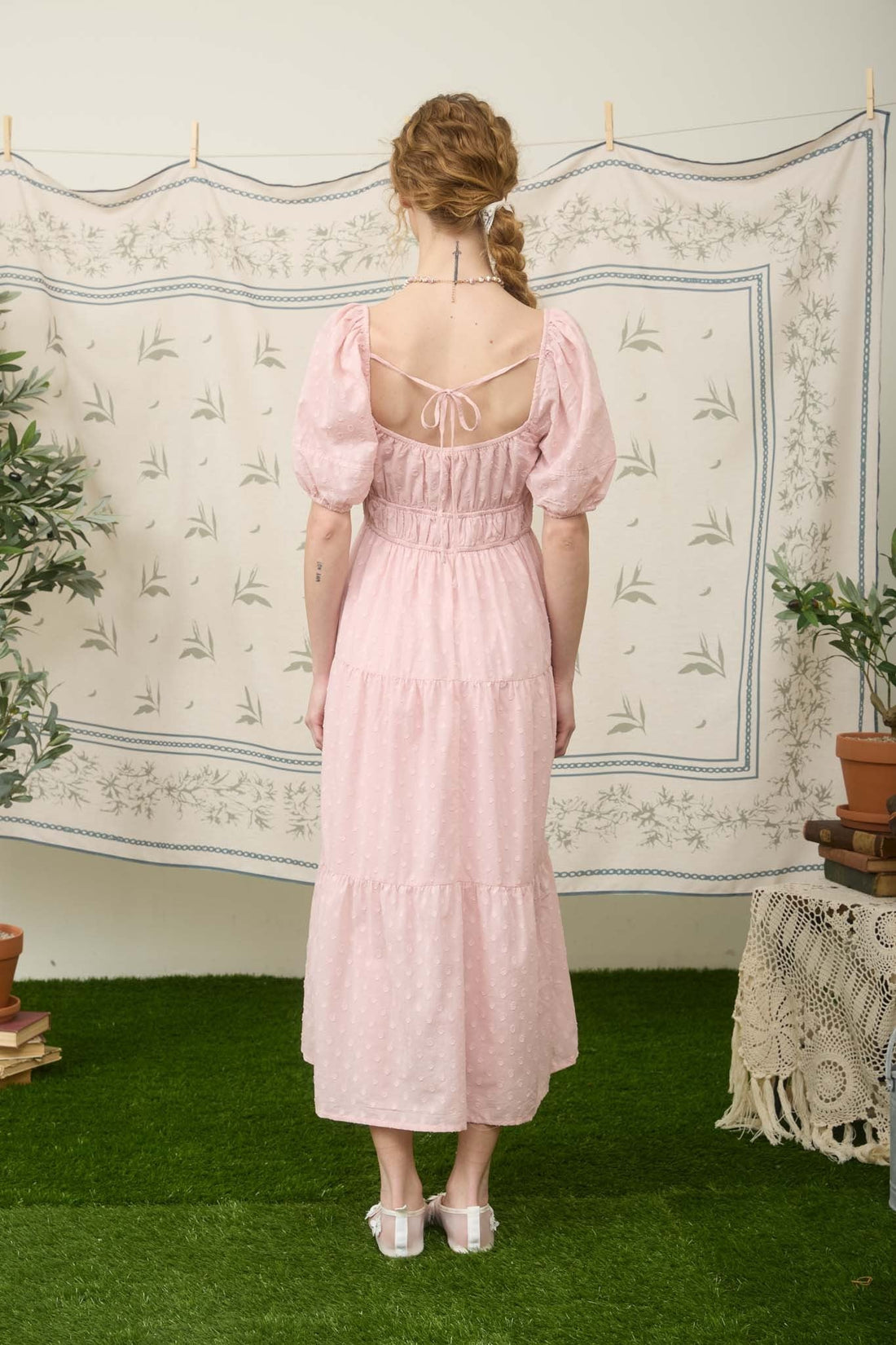 Pink Swiss Dot Shirred Waist Tiered Midi Dress