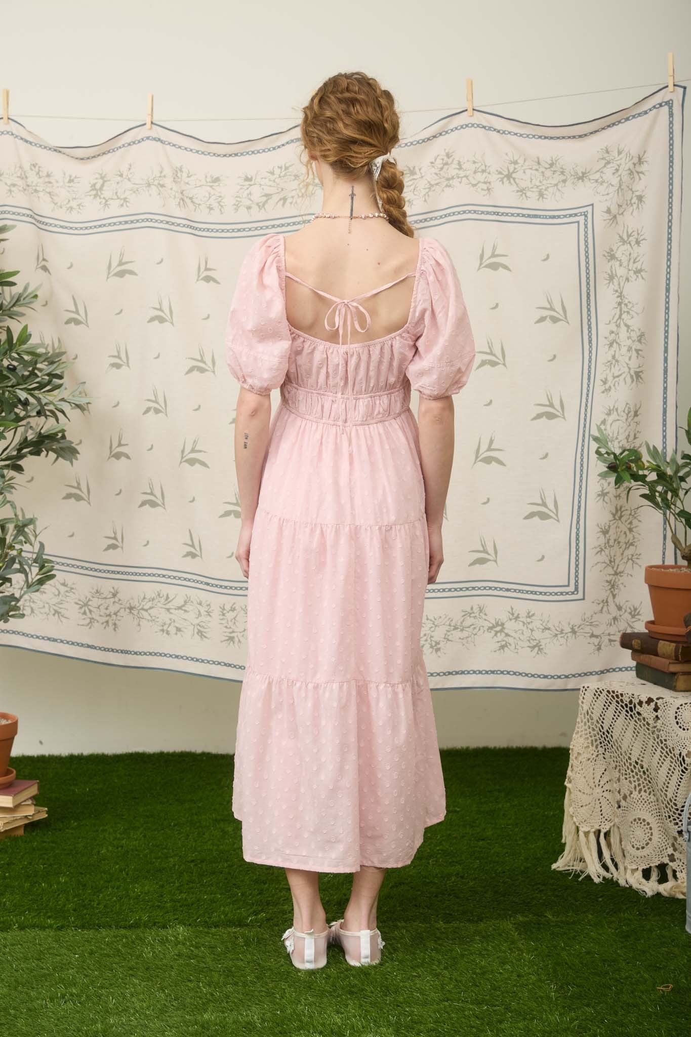 Pink Swiss Dot Shirred Waist Tiered Midi Dress