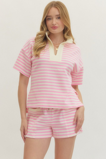 Pink Striped Short Sleeve Knit Top
