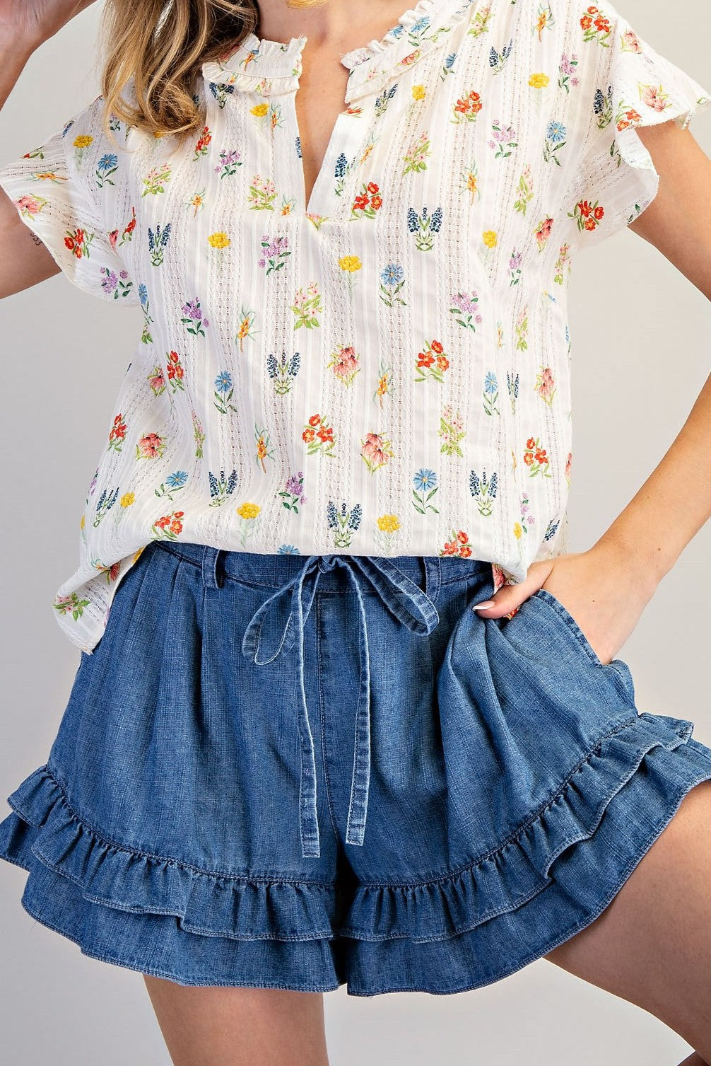 Denim Drawstring Ruffle Tiered Shorts