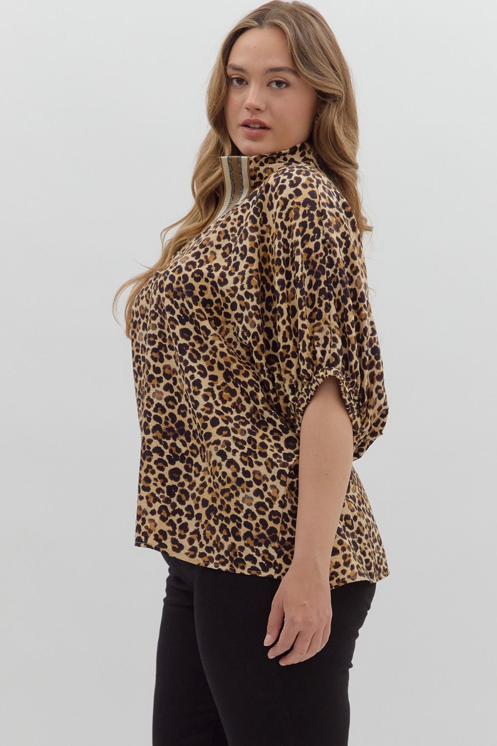 Curvy Leopard Print High Neck Elastic Sleeve Dolman Top