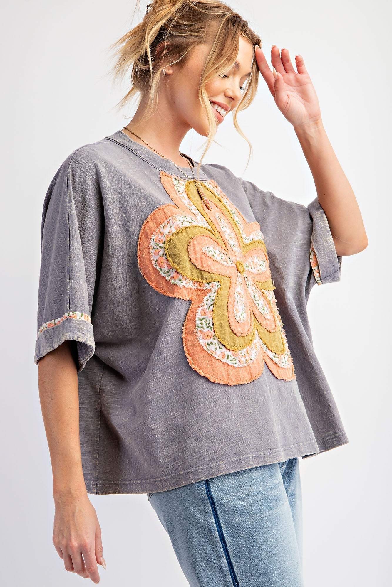 Curvy Slate Short Sleeve Top with Orange & Lime Daisy Patchwork