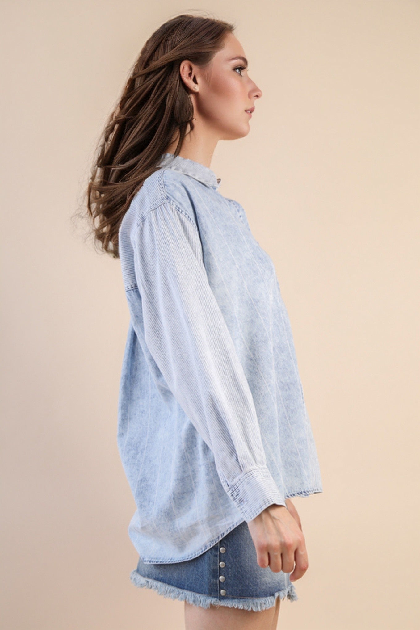 Curvy Chambray Striped Button Down Top