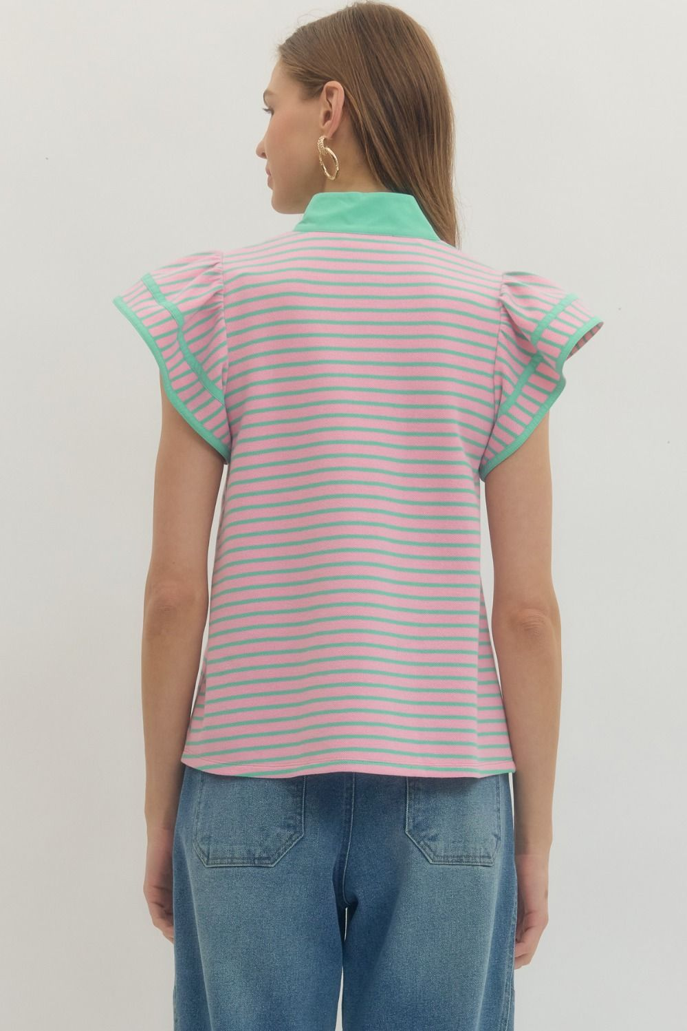 Pink Striped Flutter Sleever Contrast V- Neck Top