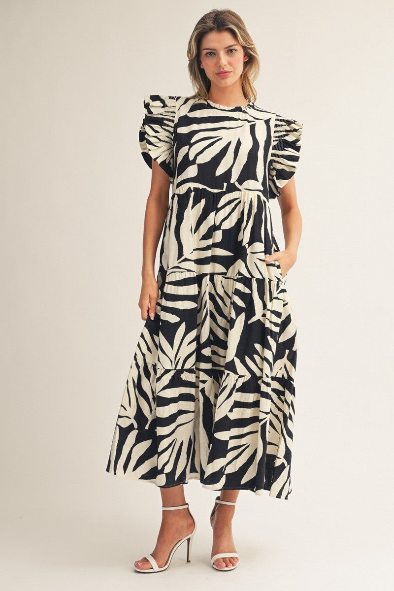 Black Palm Print Midi Dress