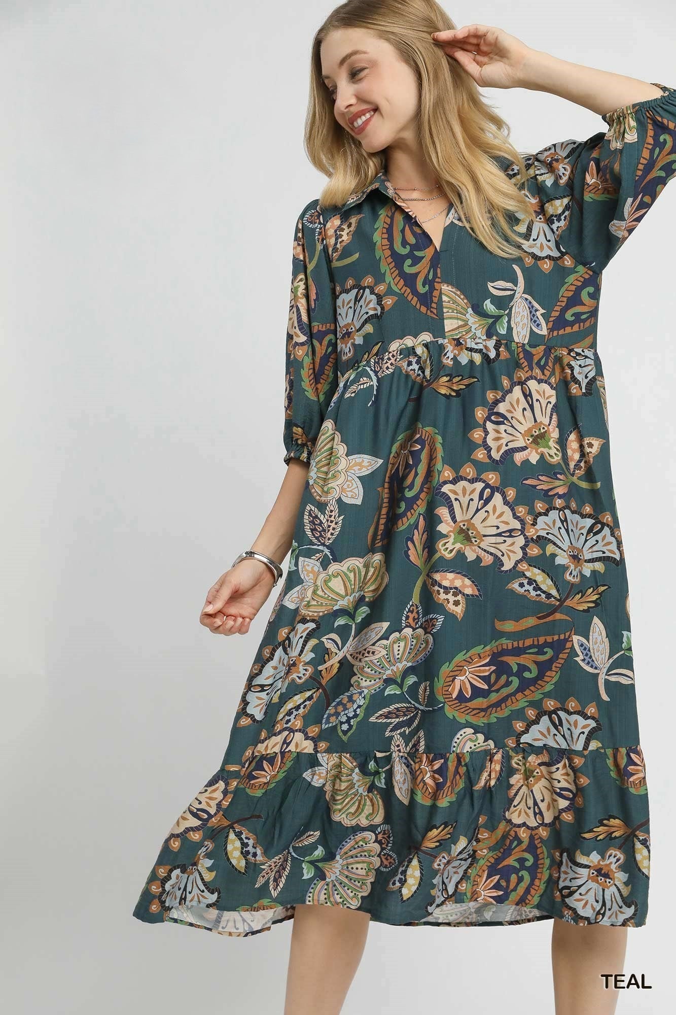 Paisley Puff Sleeve Tiered Midi Dress