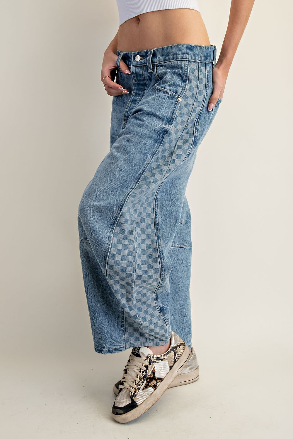 Denim Side Checker Panel Barrel Jeans