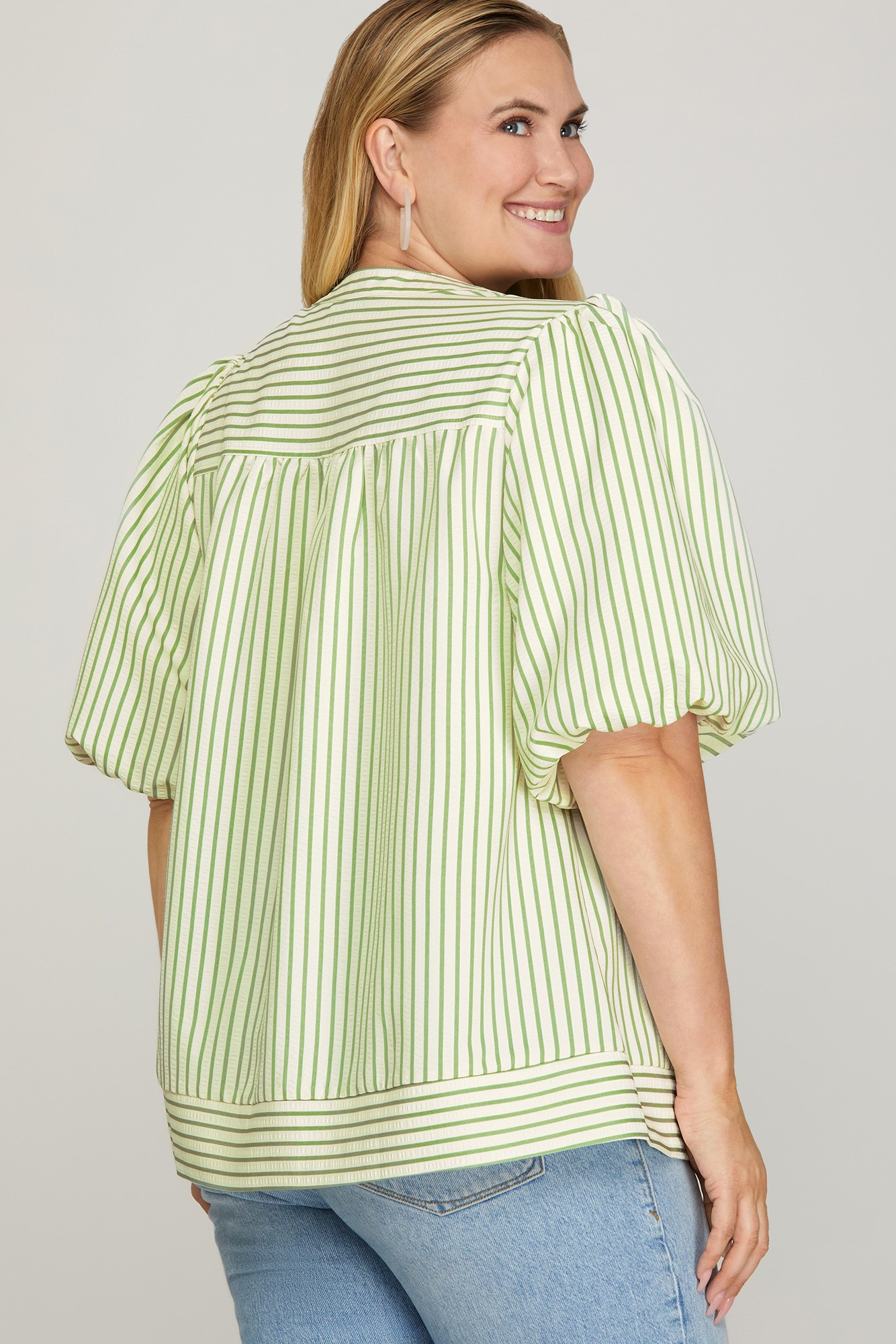 Curvy Sage Striped Bubble Sleeve Top