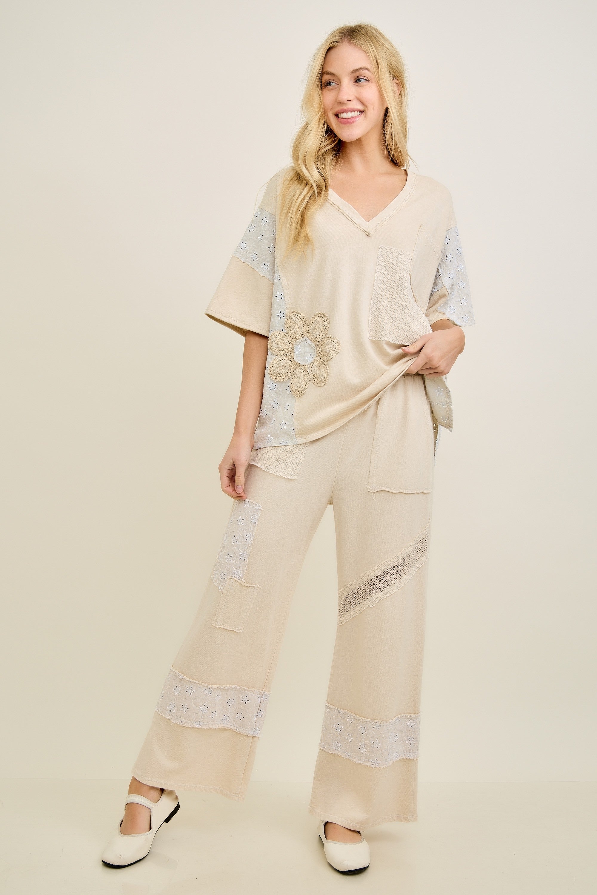 Beige Patchwork and Floral Applique Top