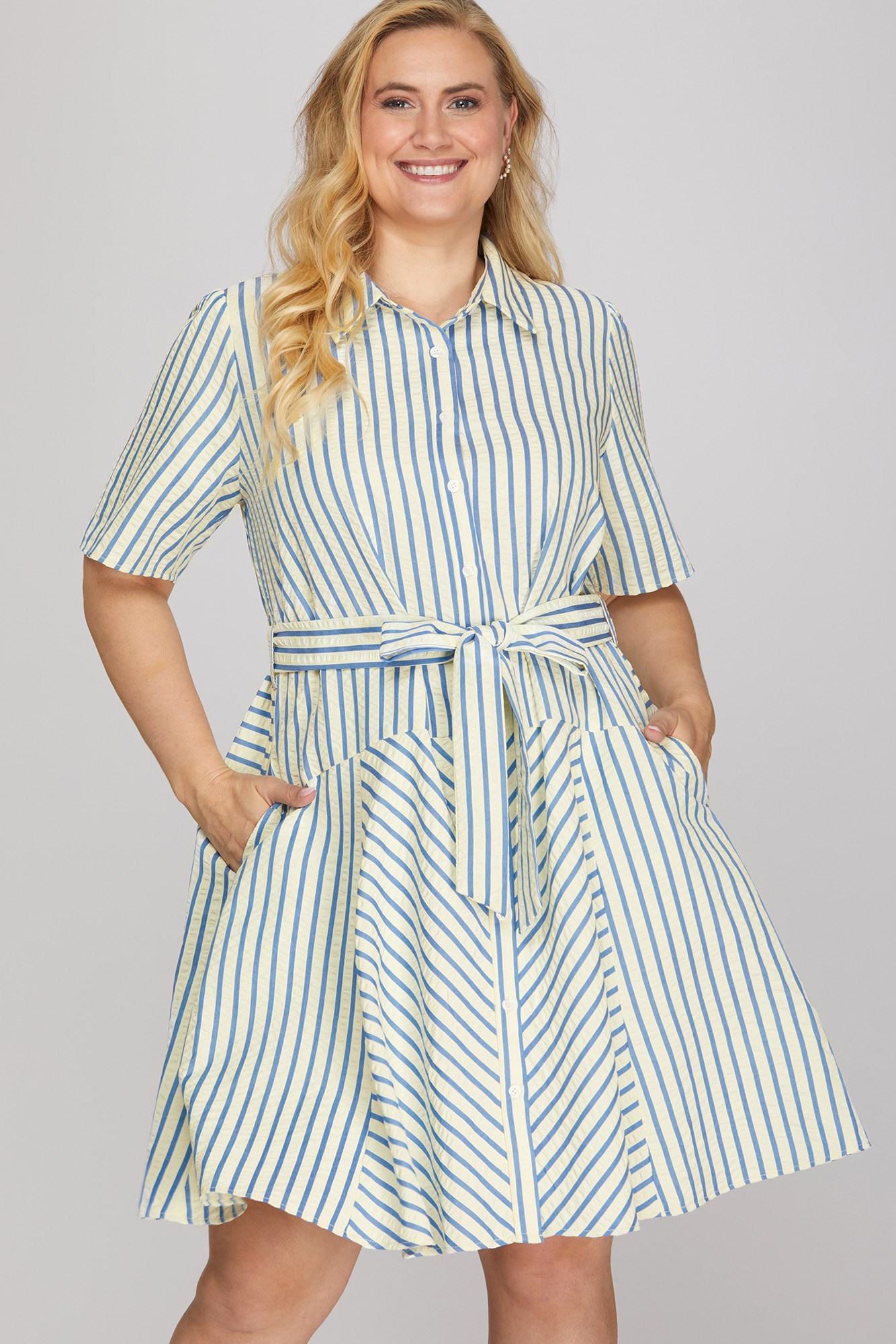Curvy Short Sleeve Blue Striped Dress