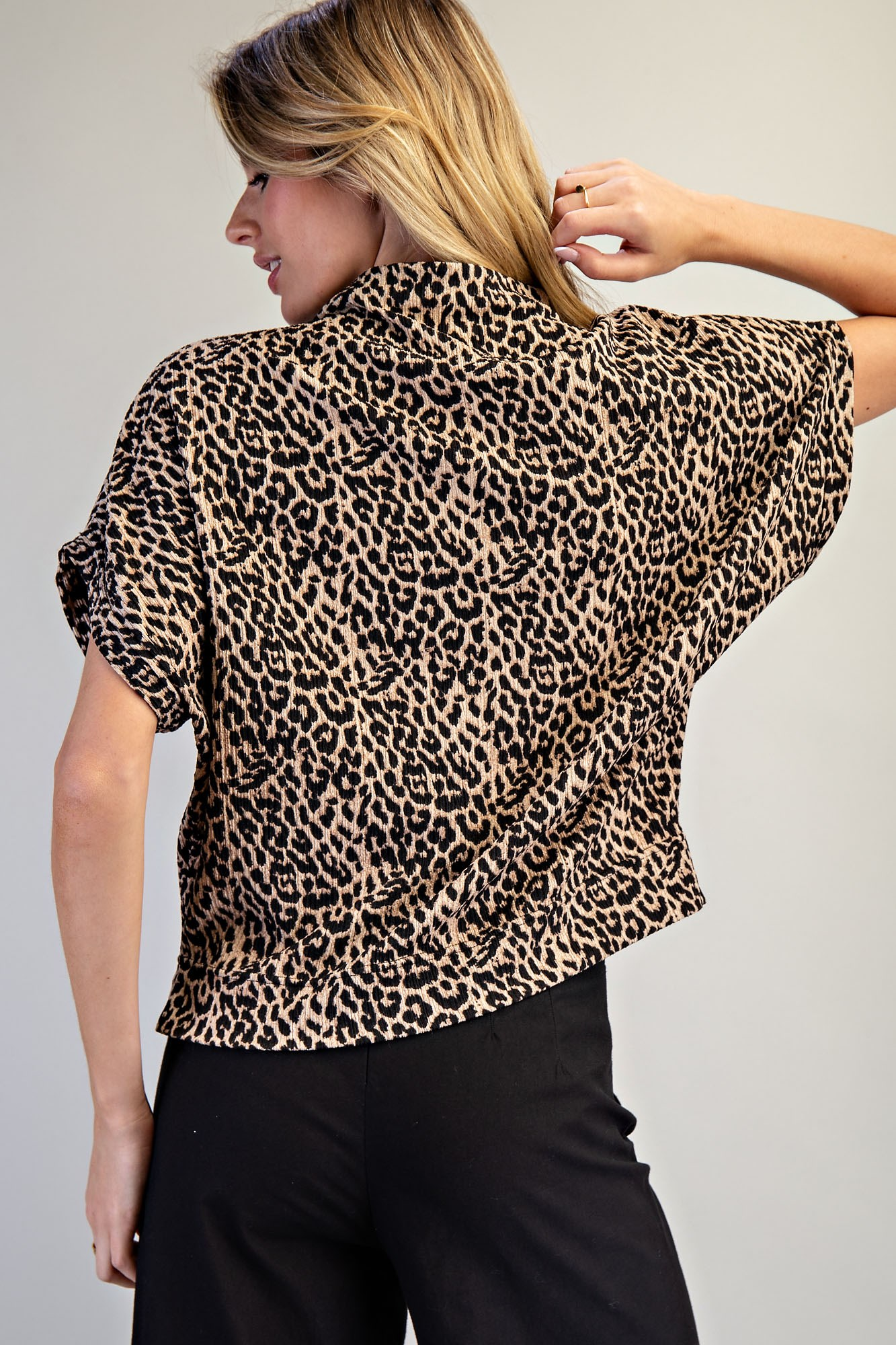 Leopard Print Mock Neck Dolman Sleeve Top