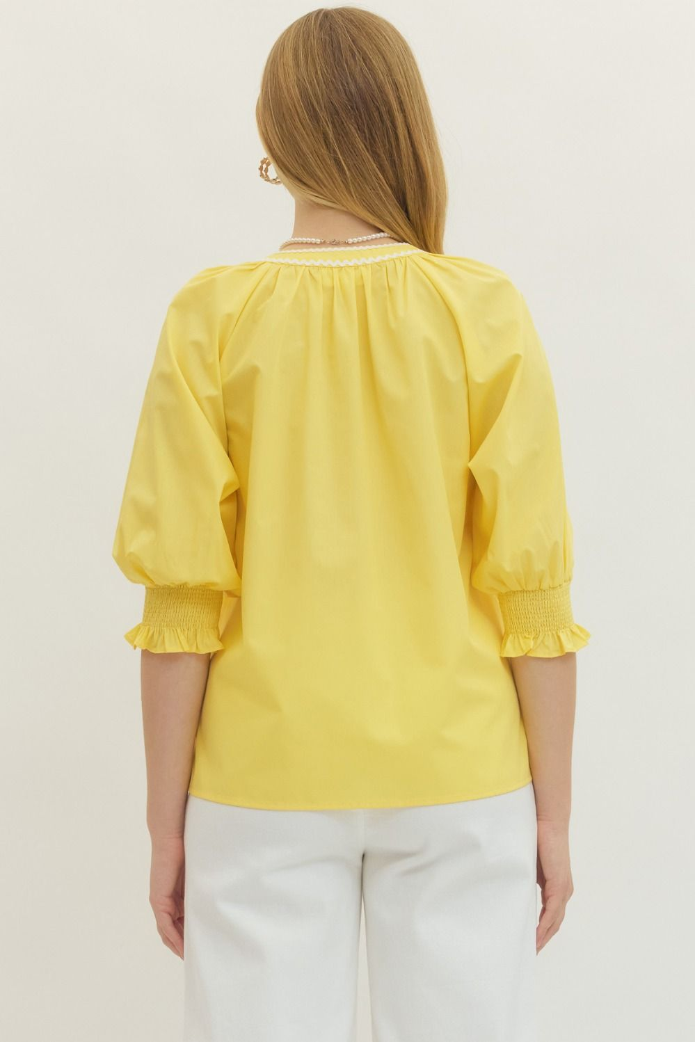 Curvy Yellow Embroidered 3/4 Sleeve Top