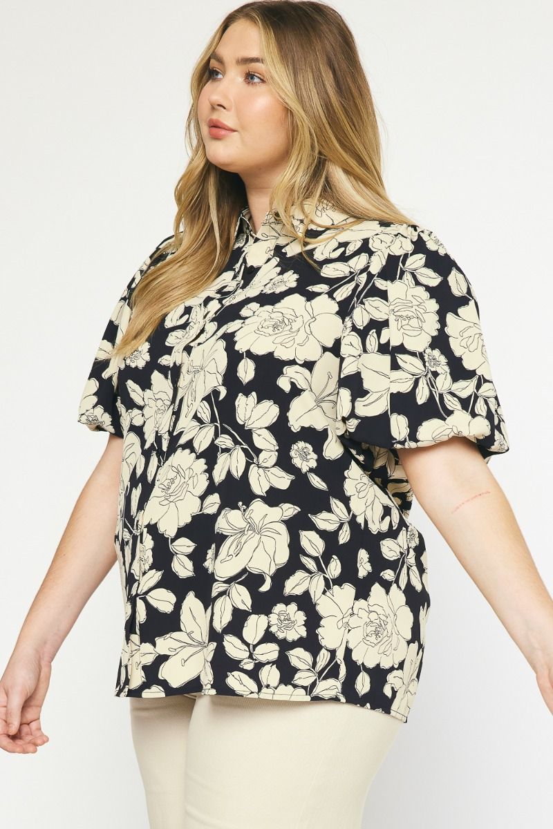 Curvy Black Floral Collared Bubble Sleeve Top