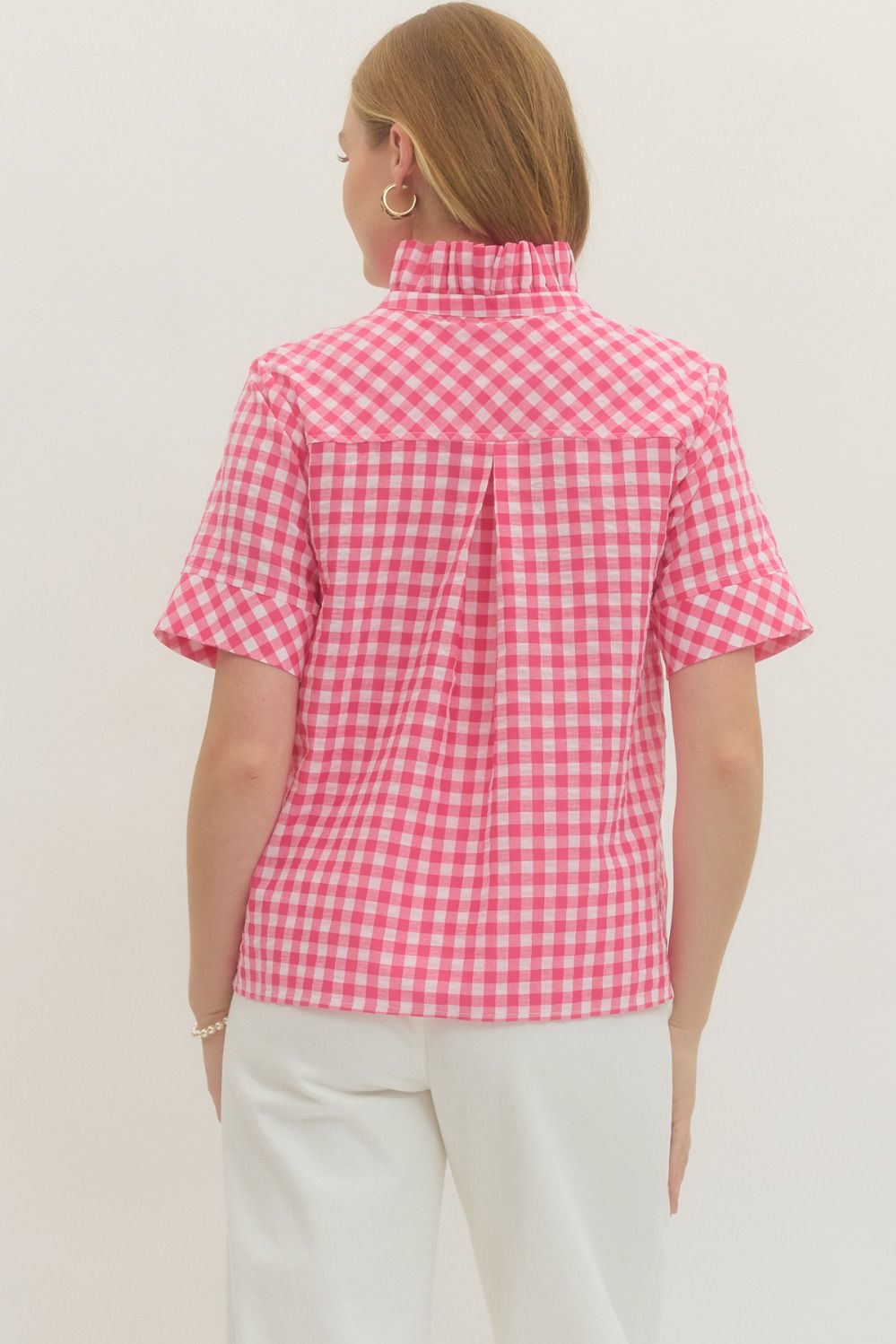 Pink Gingham V-Neck Top