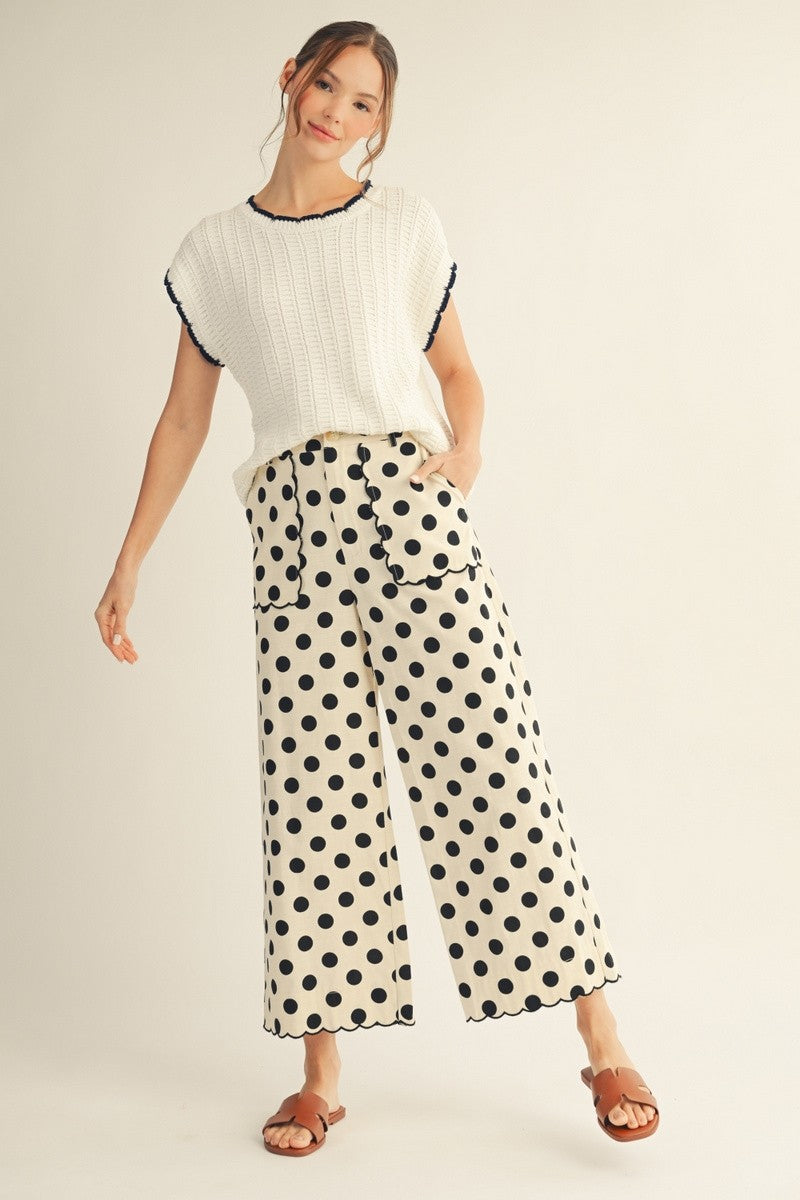 Black Polka Dot Scallop Edge Detailed Pants