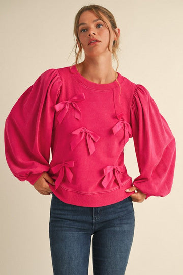 Hot Pink Mixed Material 3D Bow Puff Sleeve Top