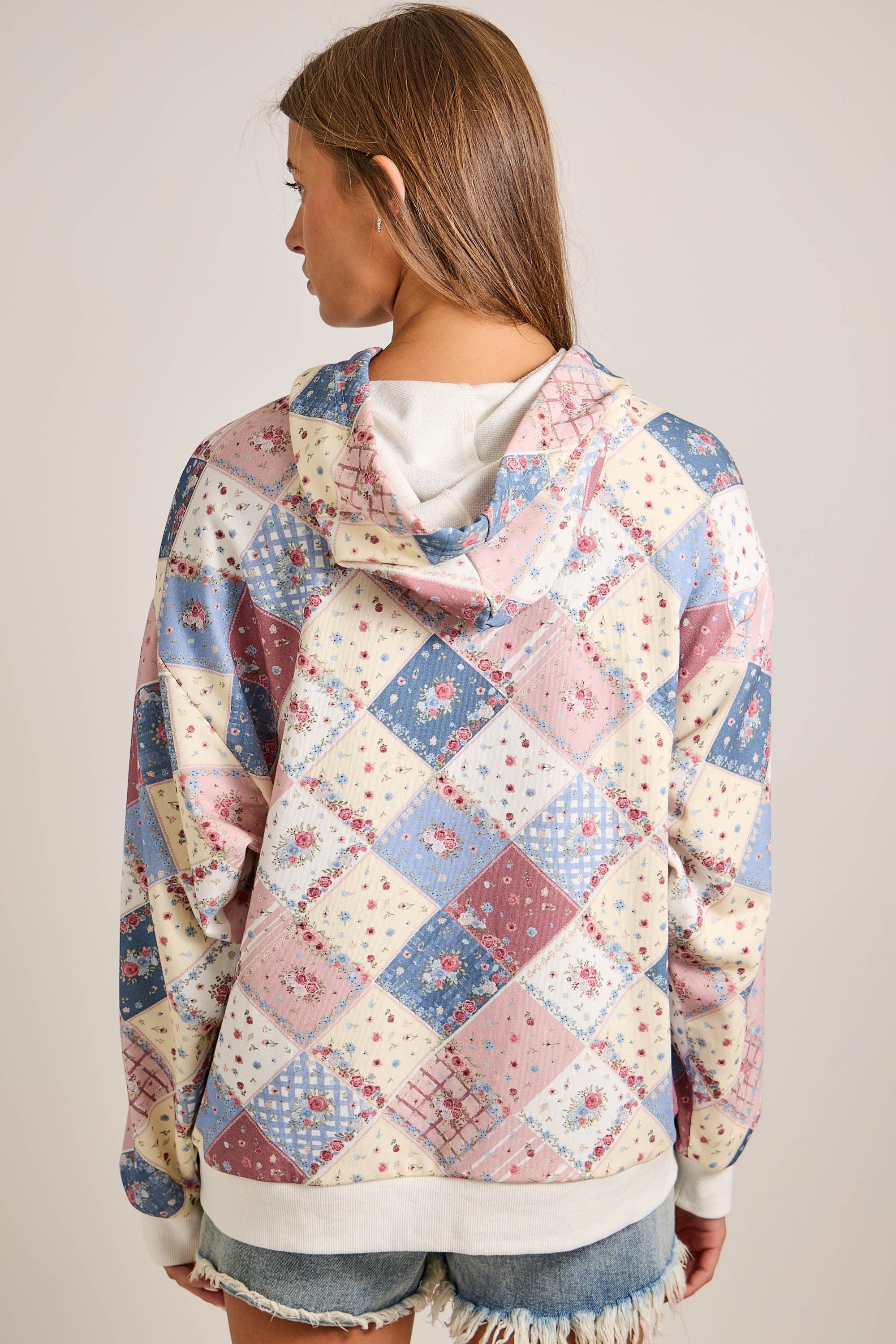 Blue and Pink Floral Patchwork Hoodie