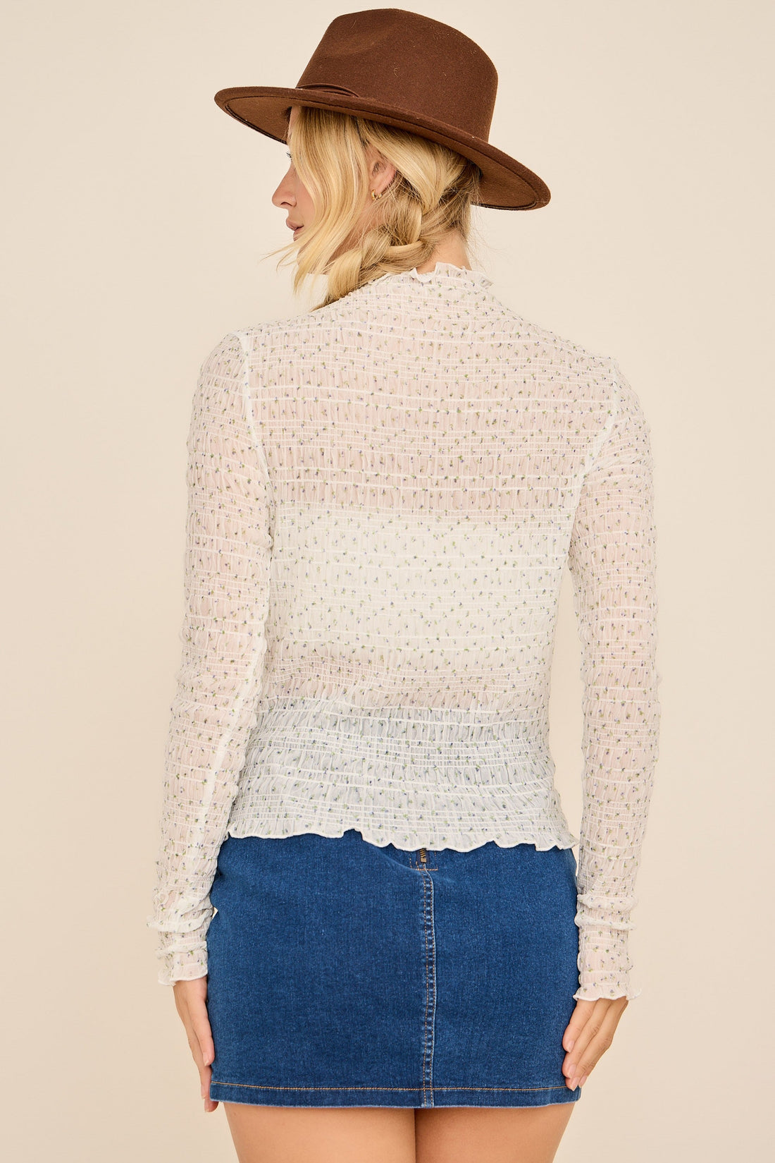 White Floral Long Sleeve Top With Ruffle Trim